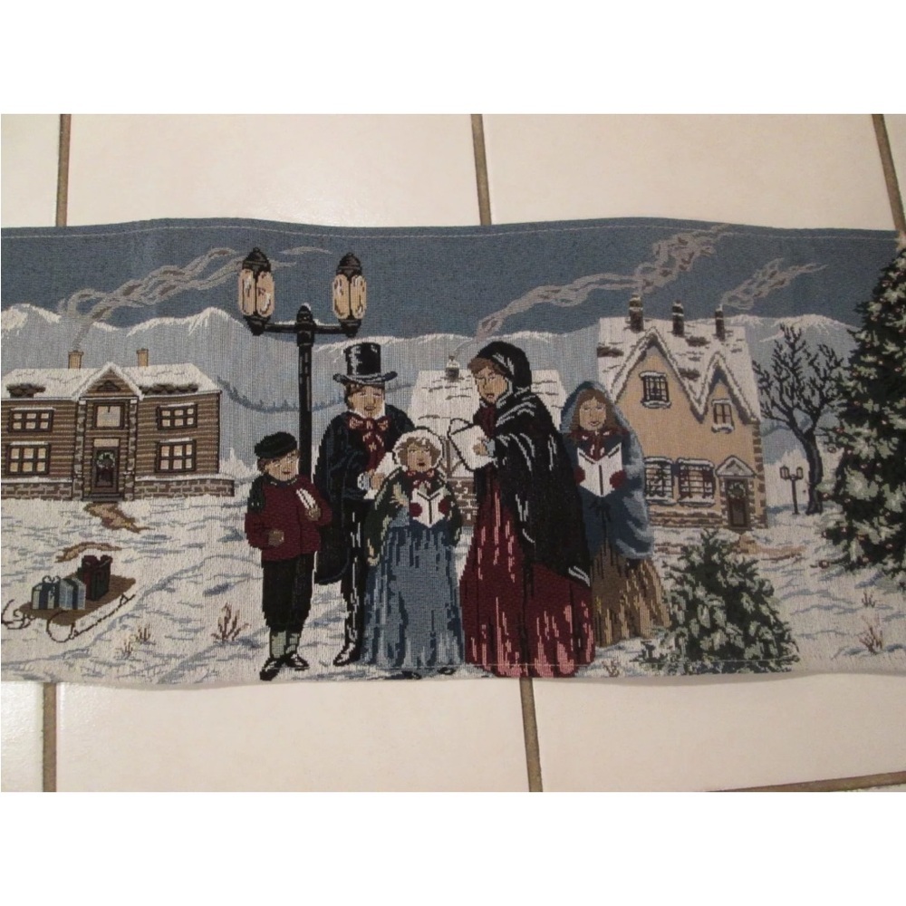 Vintage Tapestry Christmas Village Carolers 72" Table Runner EUC